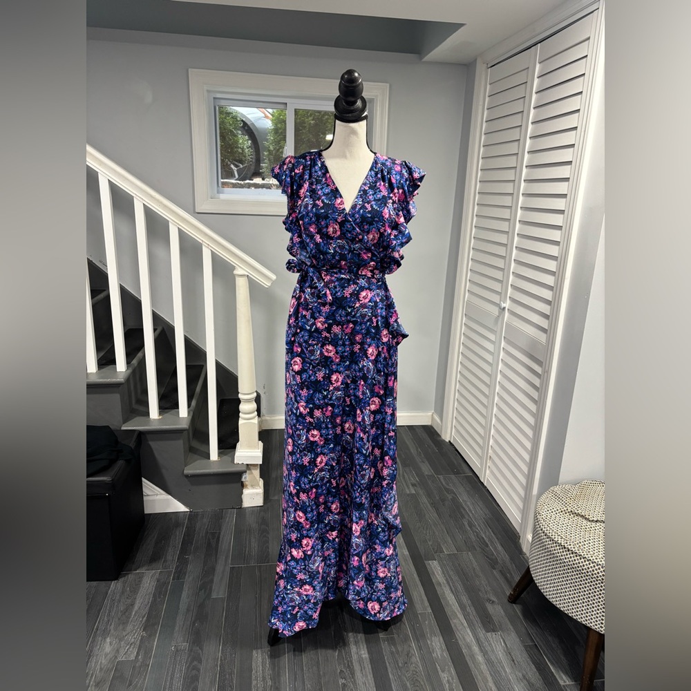 Ava & Aiden Vibrant Blue Floral Wrap Dress Size:L - Picture 2 of 12
